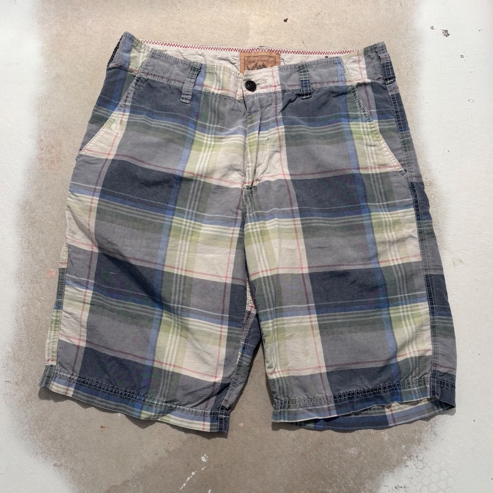 Triple Five Soul Mens Blue Green Plaid Flat Front Casual Shorts Size 33